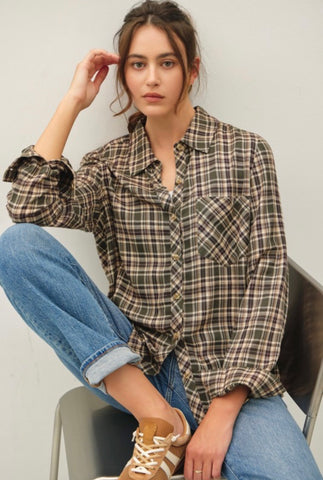 Forest Plaid Button Down Top