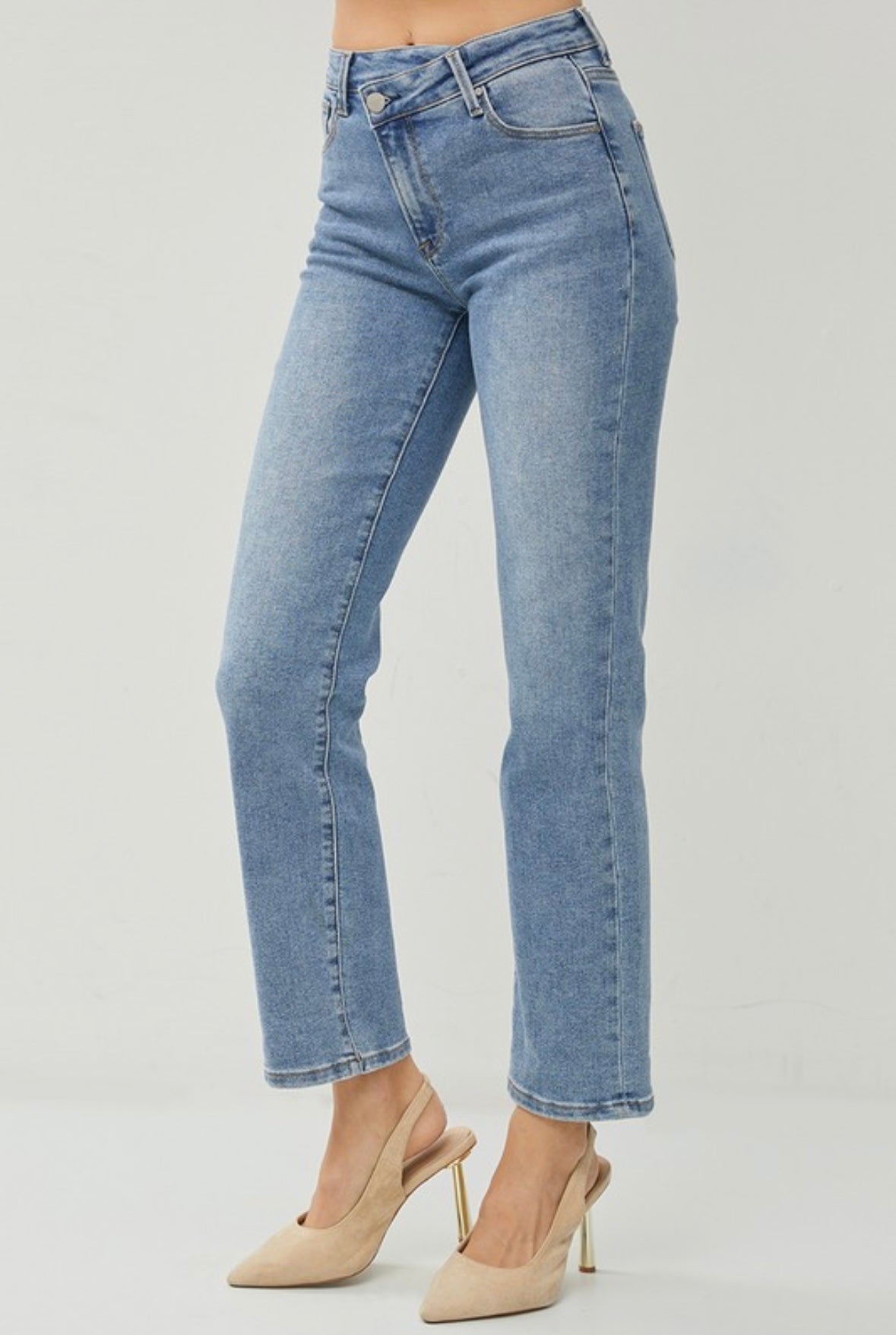 High Rise Crossover Straight Leg Jeans