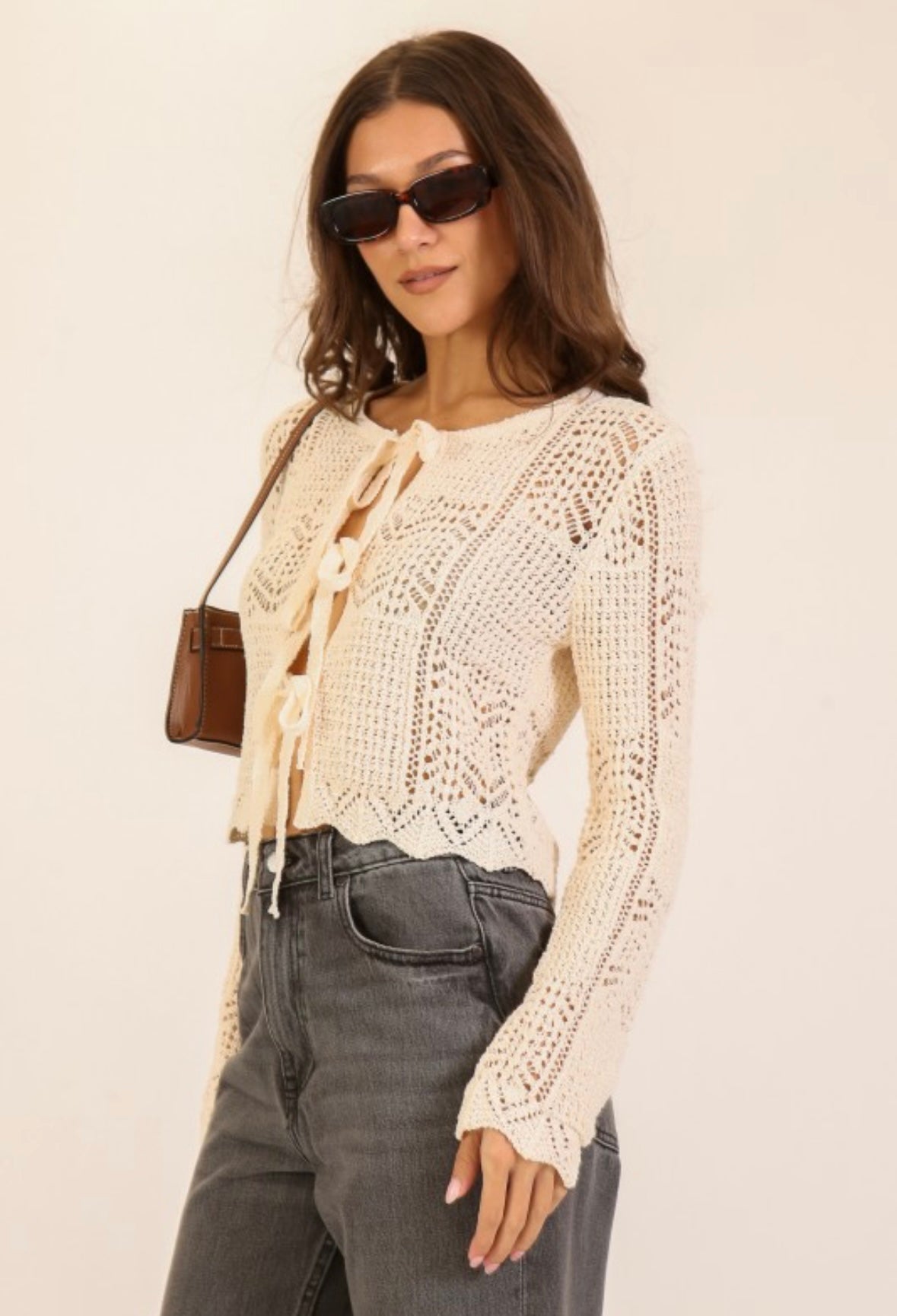 Cream Crochet Tie Cardigan
