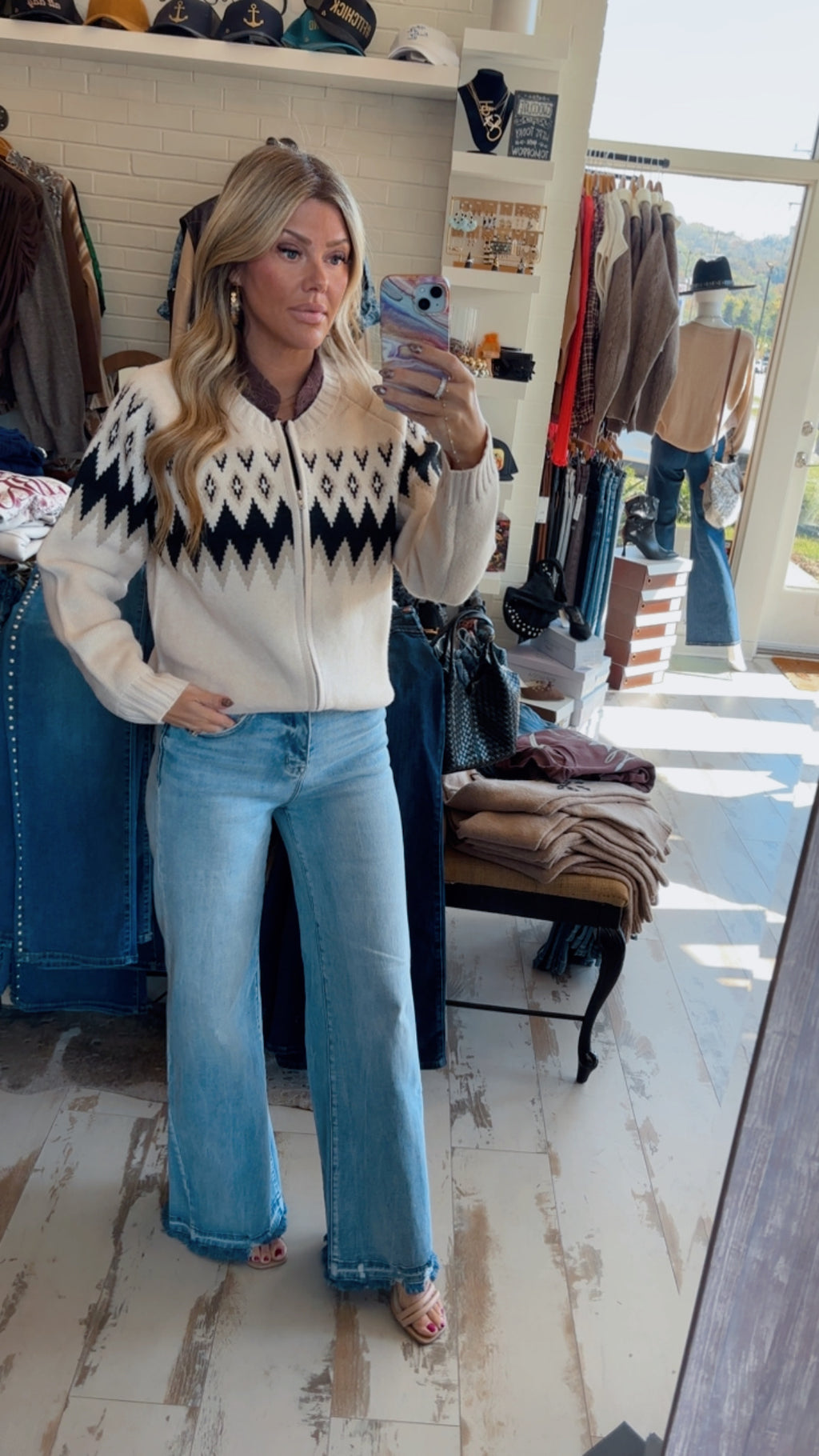 Ivory Argyle Zip Cardigan