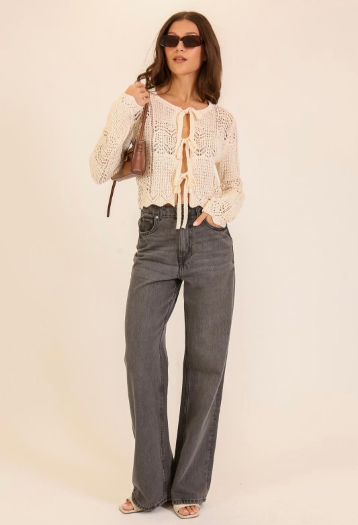 Cream Crochet Tie Cardigan
