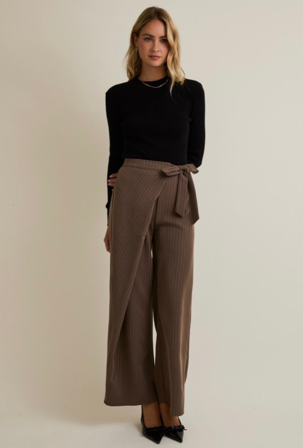 Mocha Pinstripe Wrap Front Pants