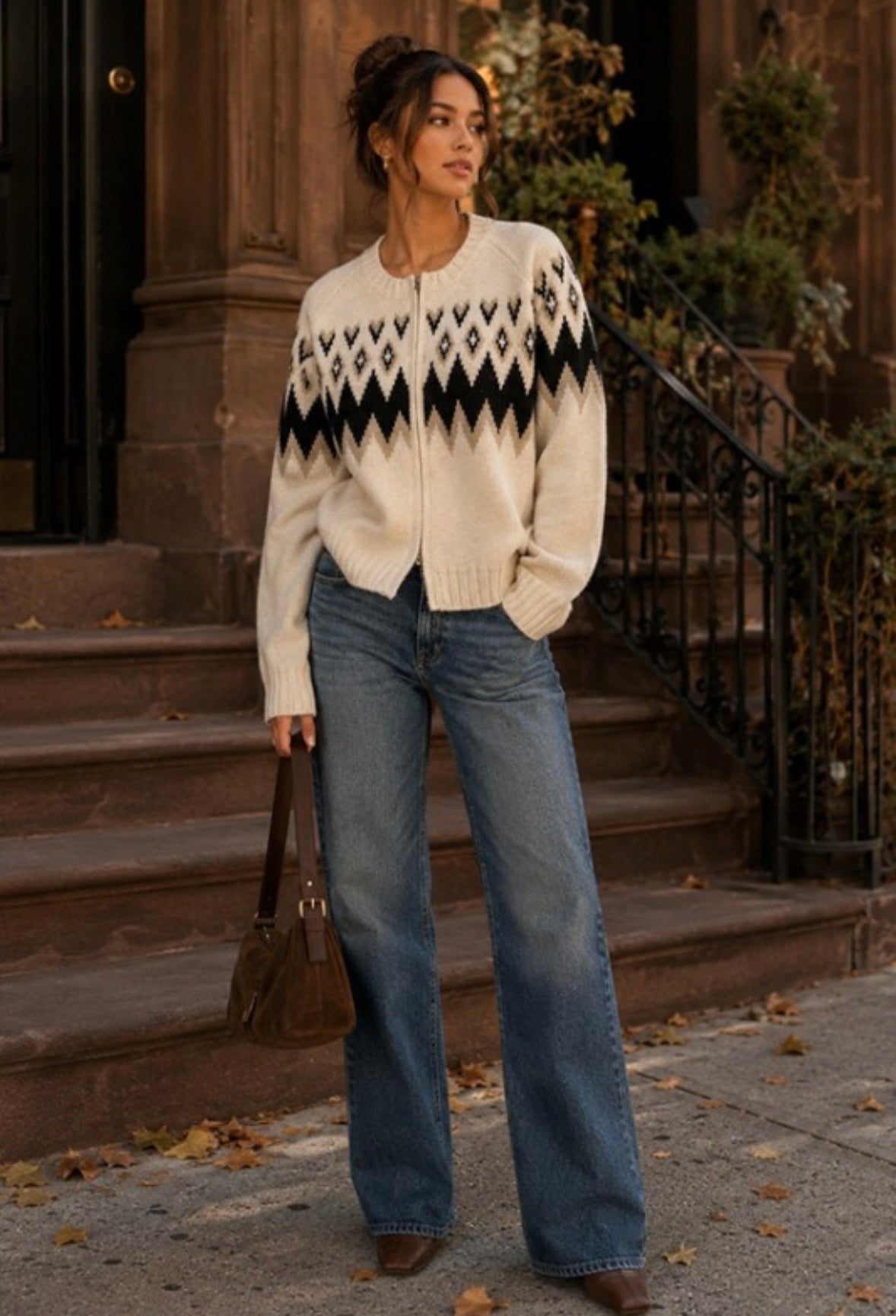 Ivory Argyle Zip Cardigan