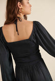 Navy Split Neck Satin Dress