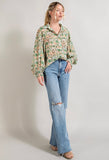 Green Geo Balloon Sleeve Blouse