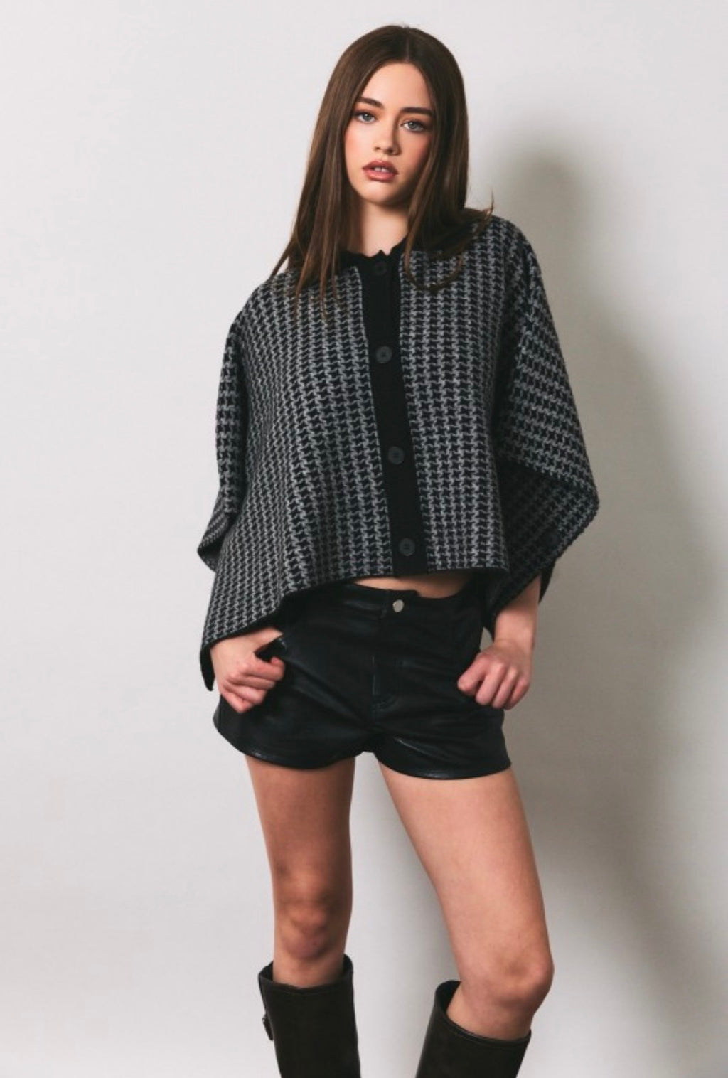 Grey Houndstooth Poncho