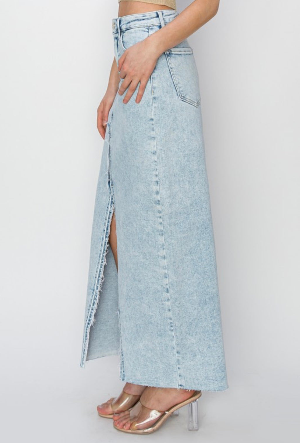 High Rise Denim Slit Maxi Skirt