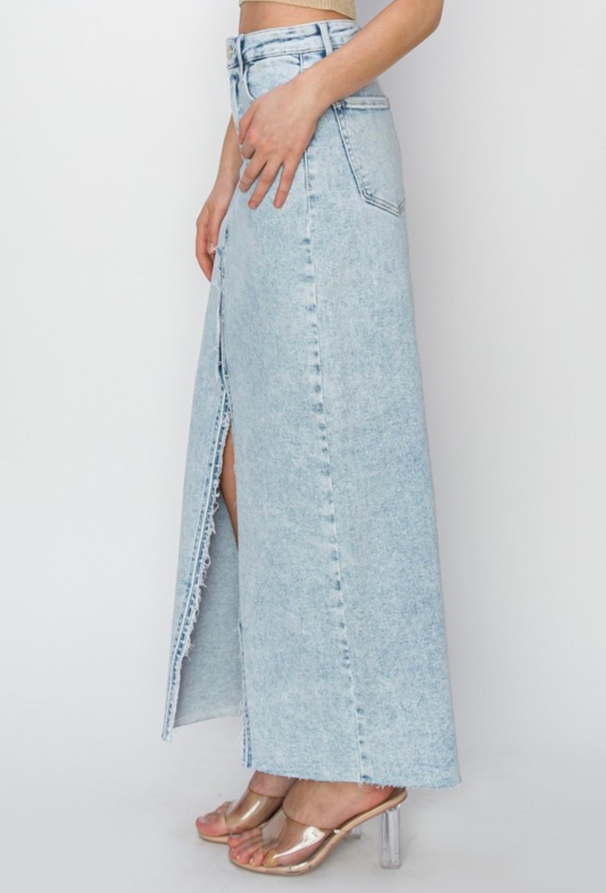 High Rise Denim Slit Maxi Skirt