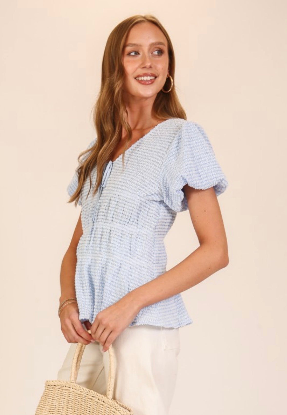 Light Blue Smocked Peplum Top