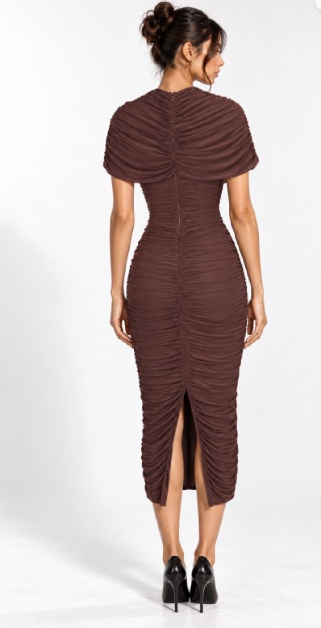 Brown Shirred Cape Dress