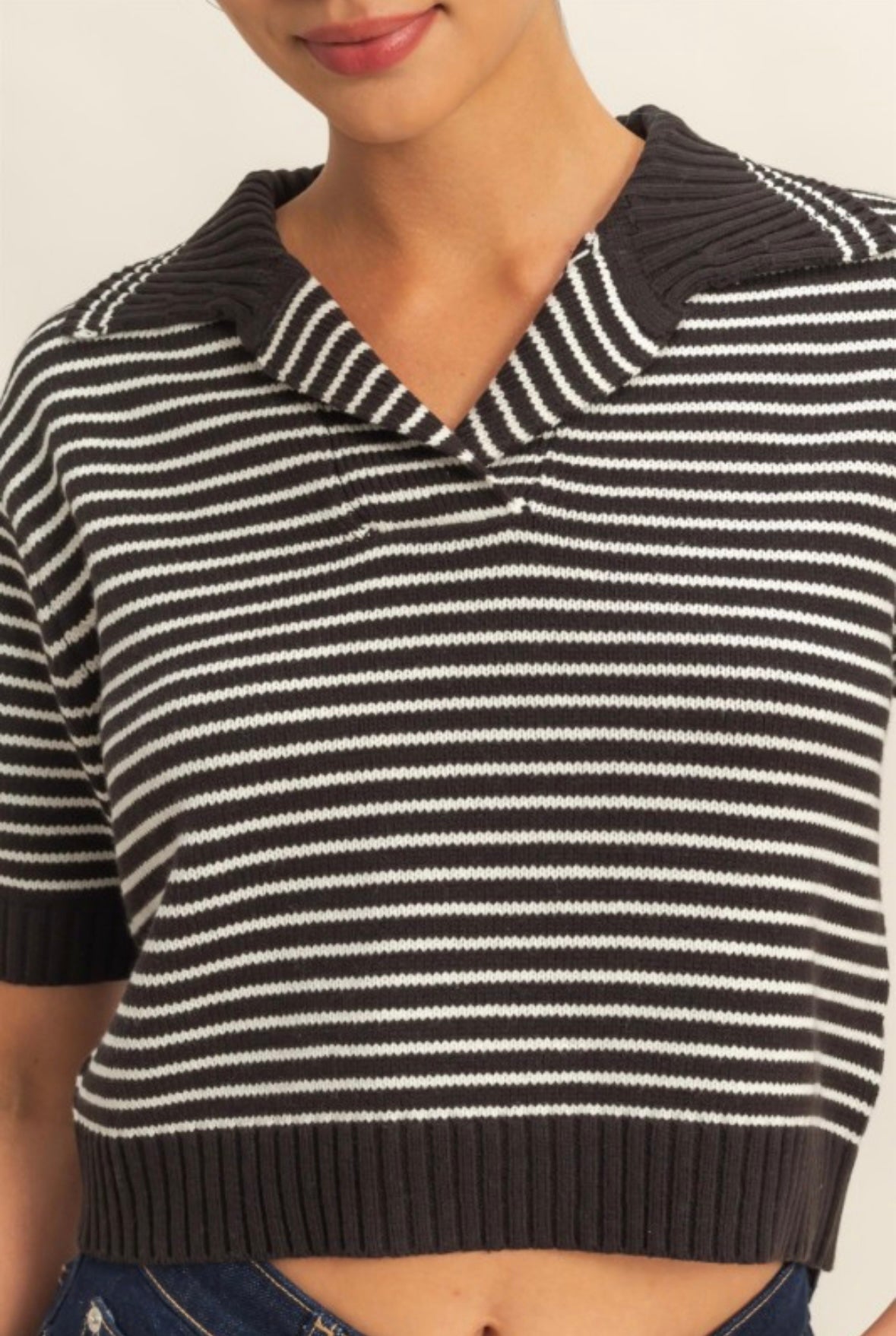 Black Striped Collard Sweater