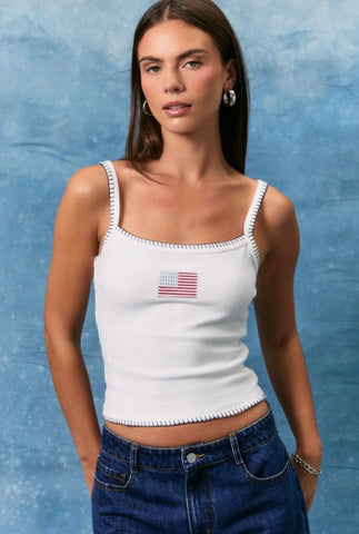 White Embroidered Flag Tank
