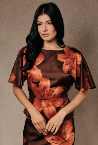 Brown Floral Satin Tie Blouse