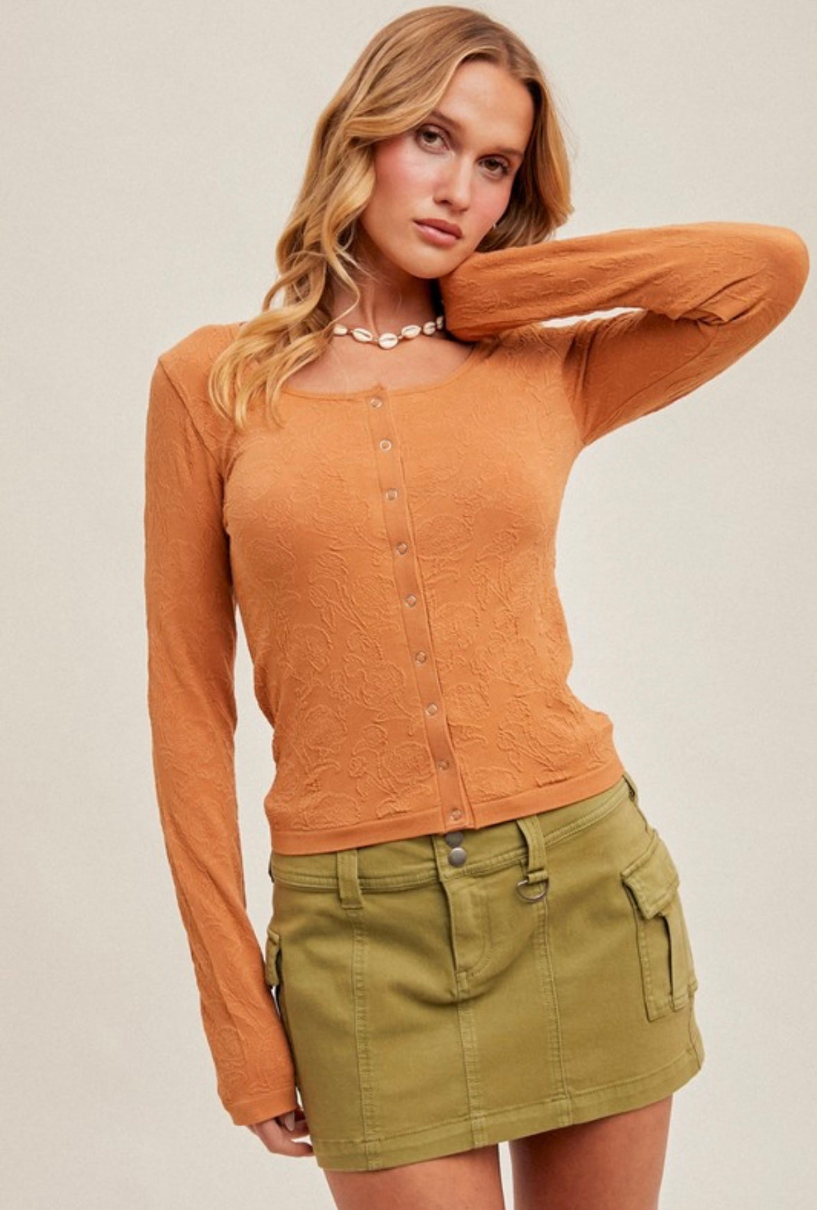 Camel Textured Snap Top
