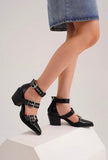 Black Tessa Buckle Heel Mule