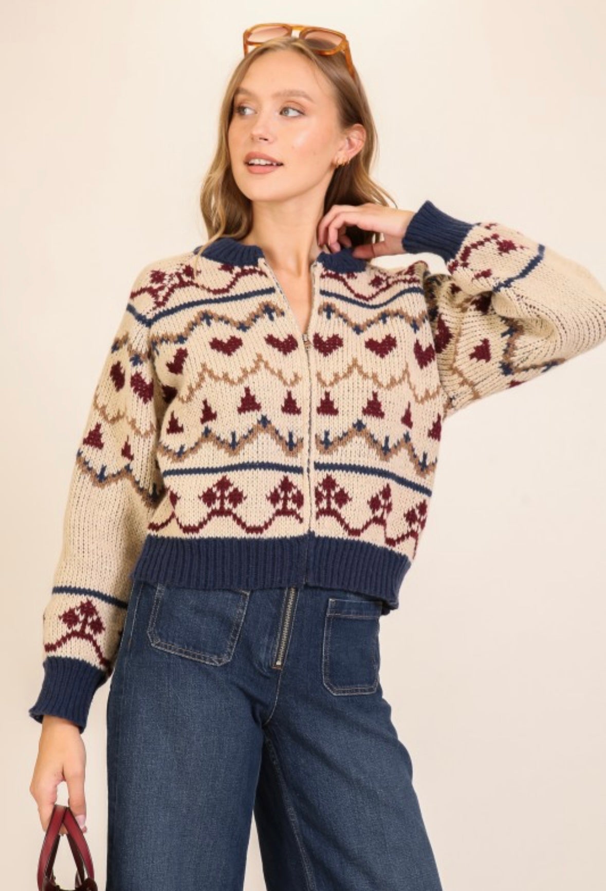 Heart Nordic Zip Sweater