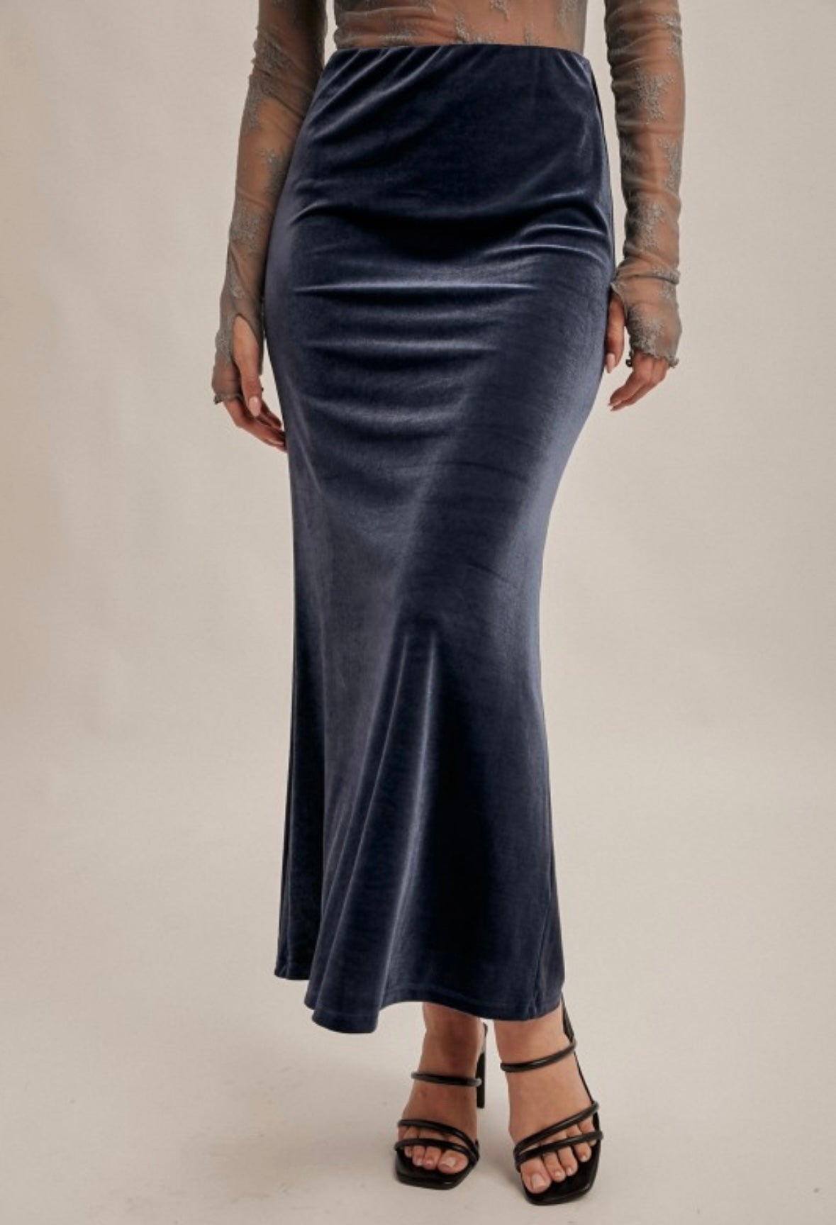 Sea Blue Velvet Midi Skirt