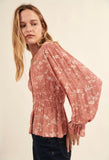 Rust Floral Button Down Peasant Top