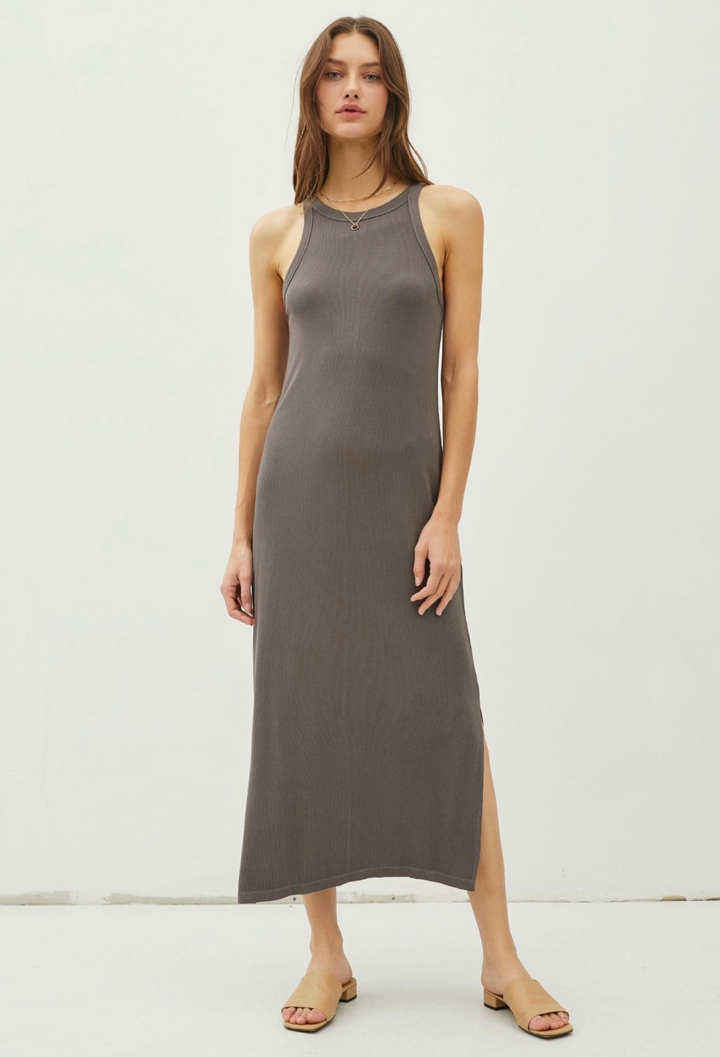 Grey Ribbed Tank Maxi Dress
