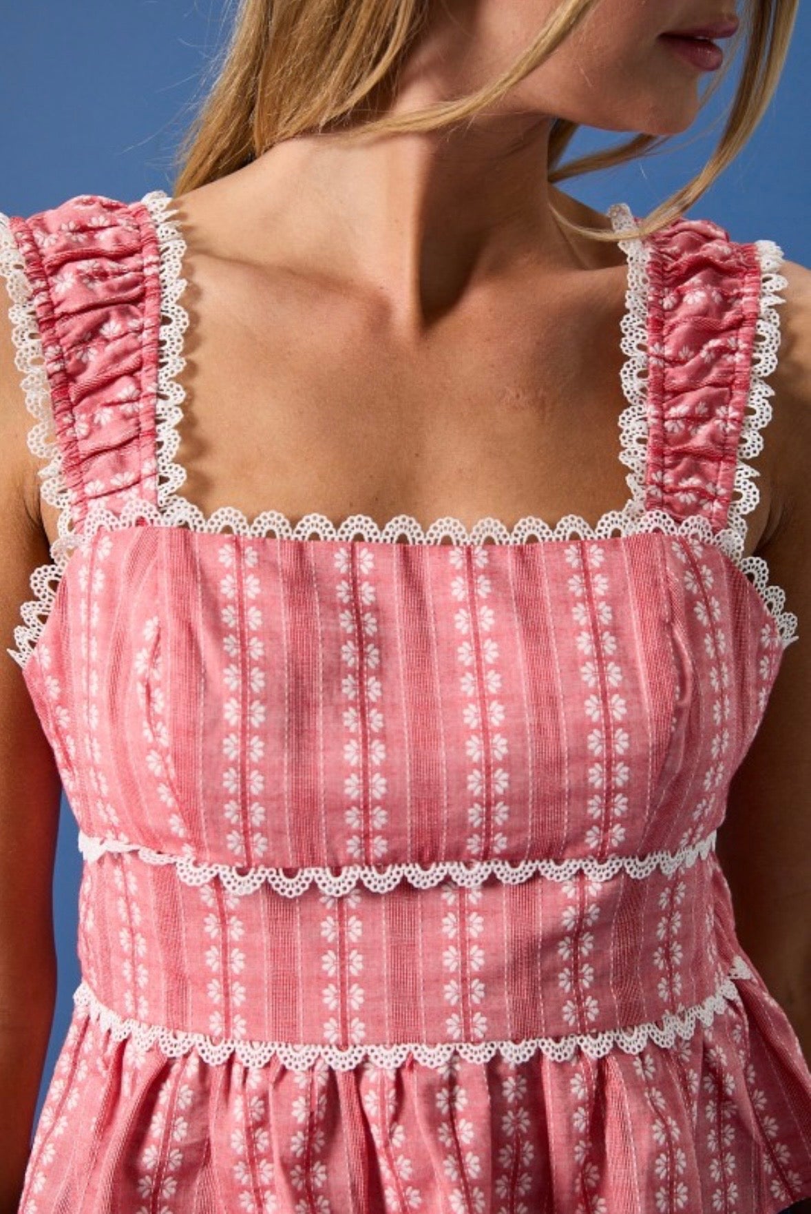 Red Tiered Lace Trim Tank Top