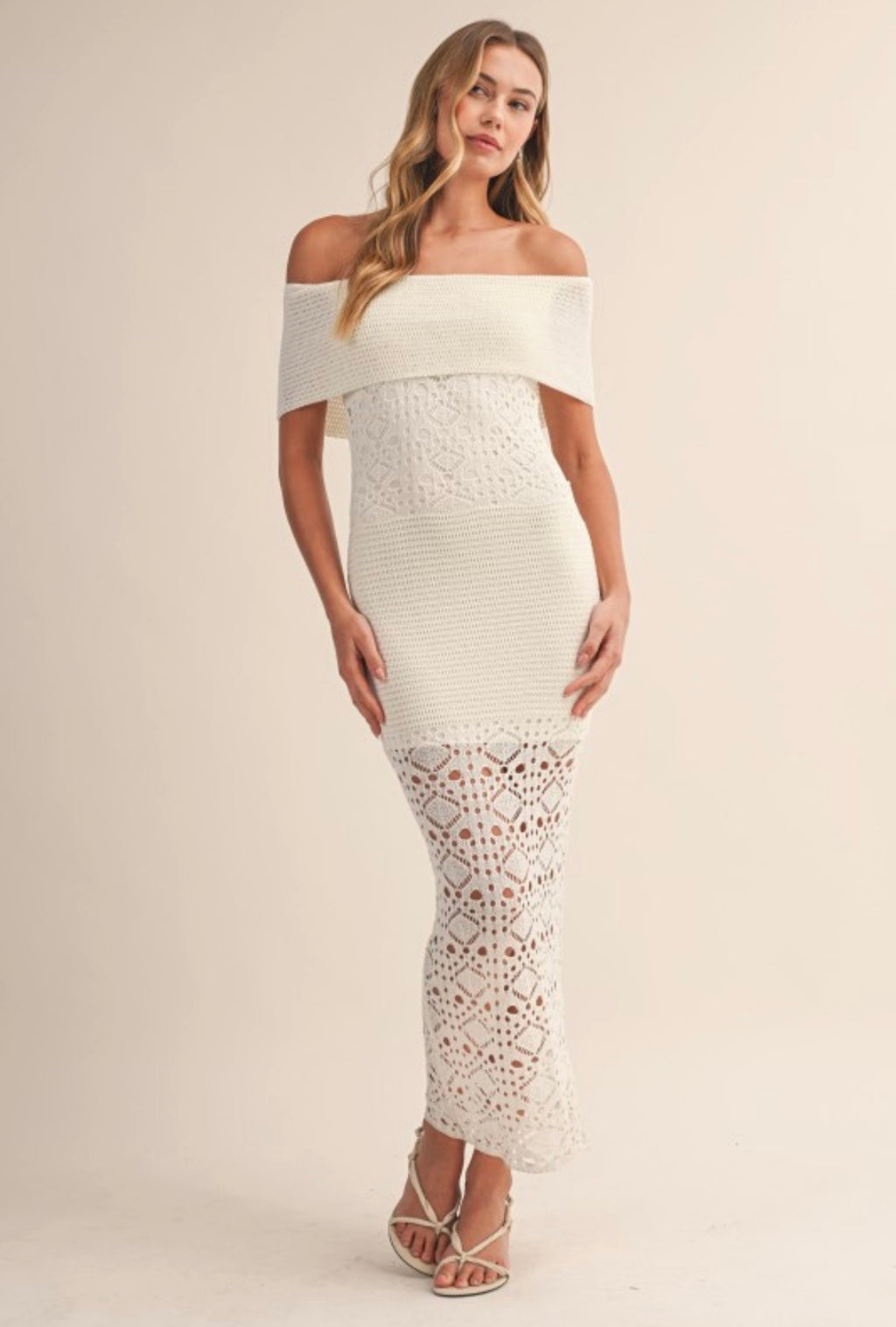 Cream Off The Shoulder Crochet Dress