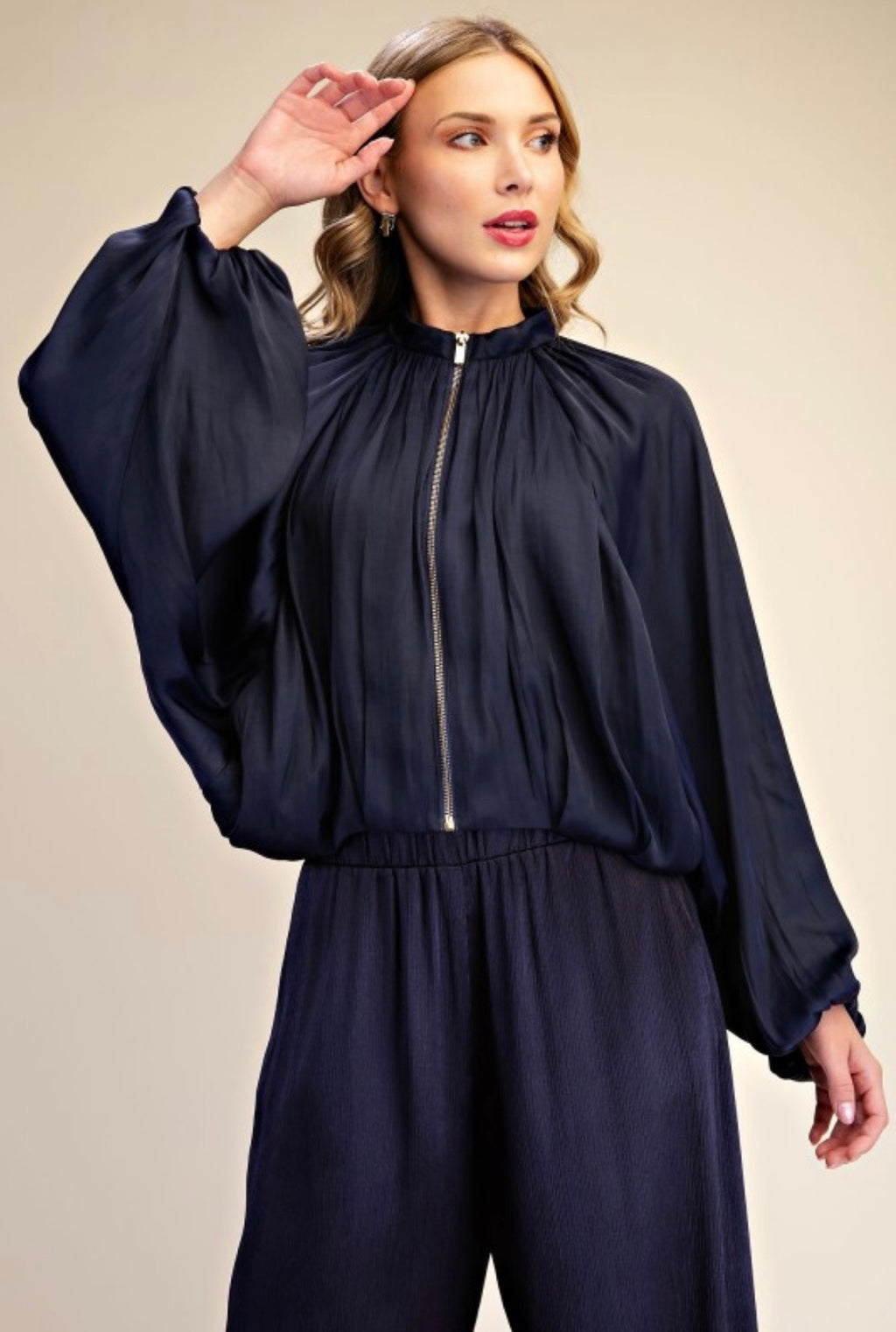 Navy Satin Balloon Bomber Jacket