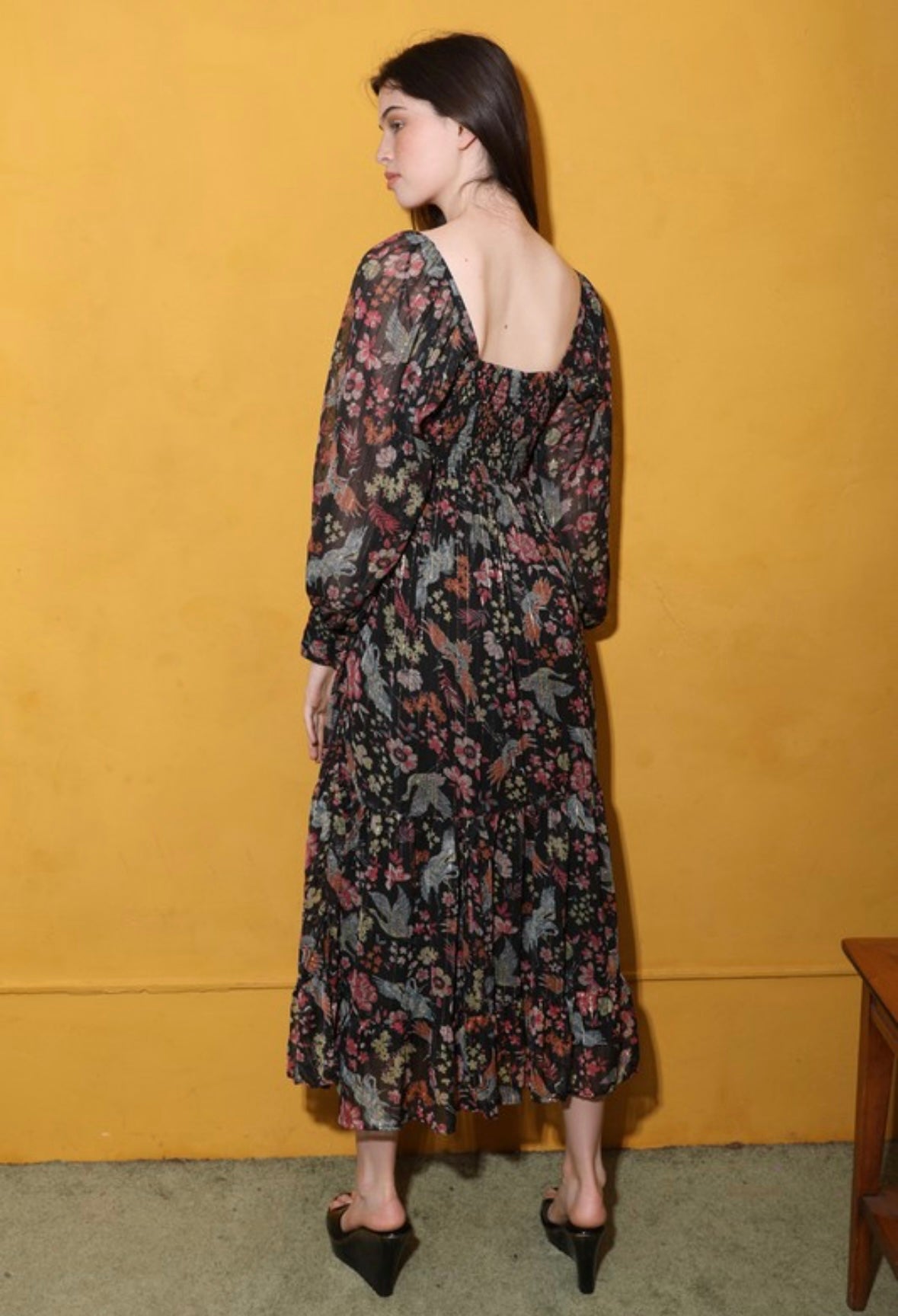Black Floral Long Sleeve Peekaboo Dress