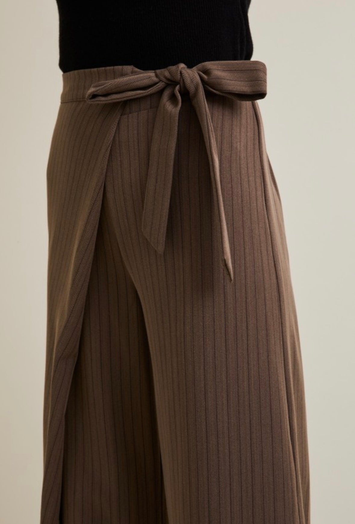 Mocha Pinstripe Wrap Front Pants