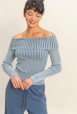 Blue Off The Shoulder Ribbed Top