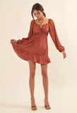Rust Split Neck Satin Dress