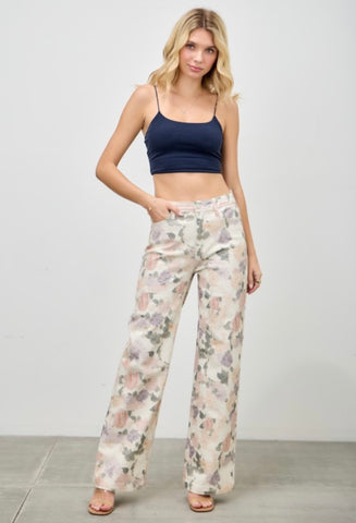 Cream Floral Wide Leg Jeans
