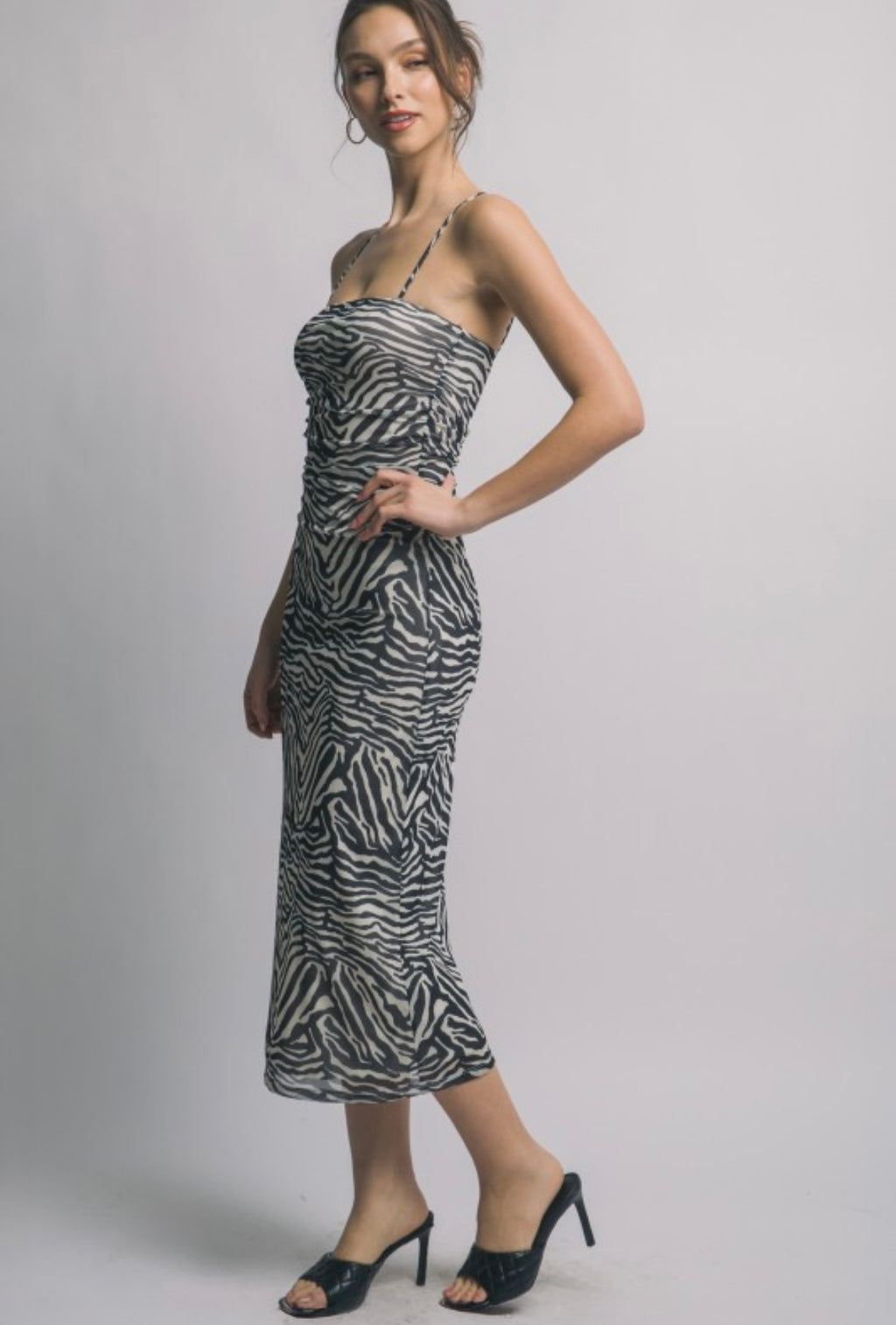 Black Zebra Rushed Midi Dress