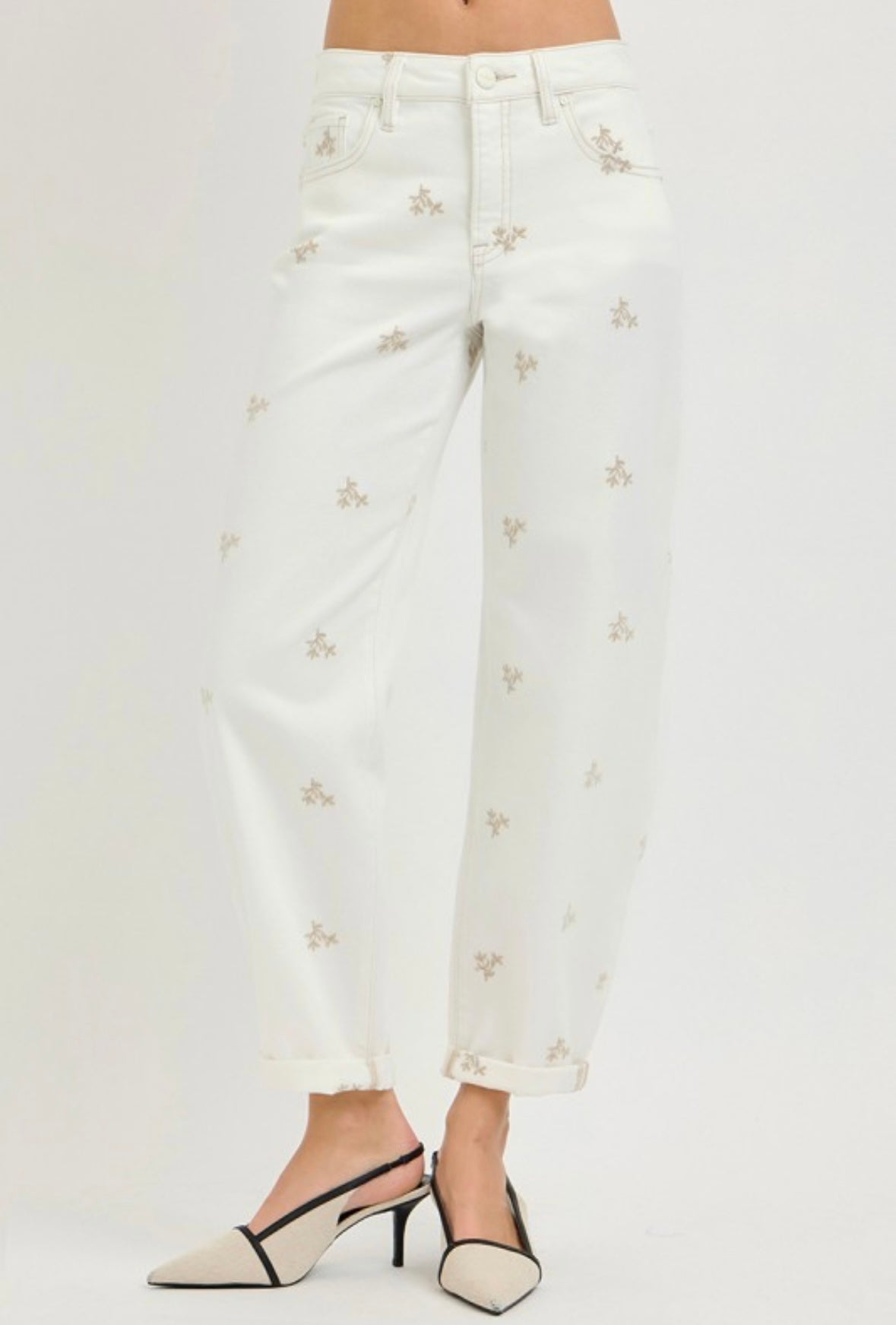 Cream Floral Barrel Jeans