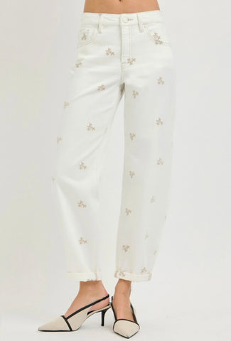 Cream Floral Barrel Jeans