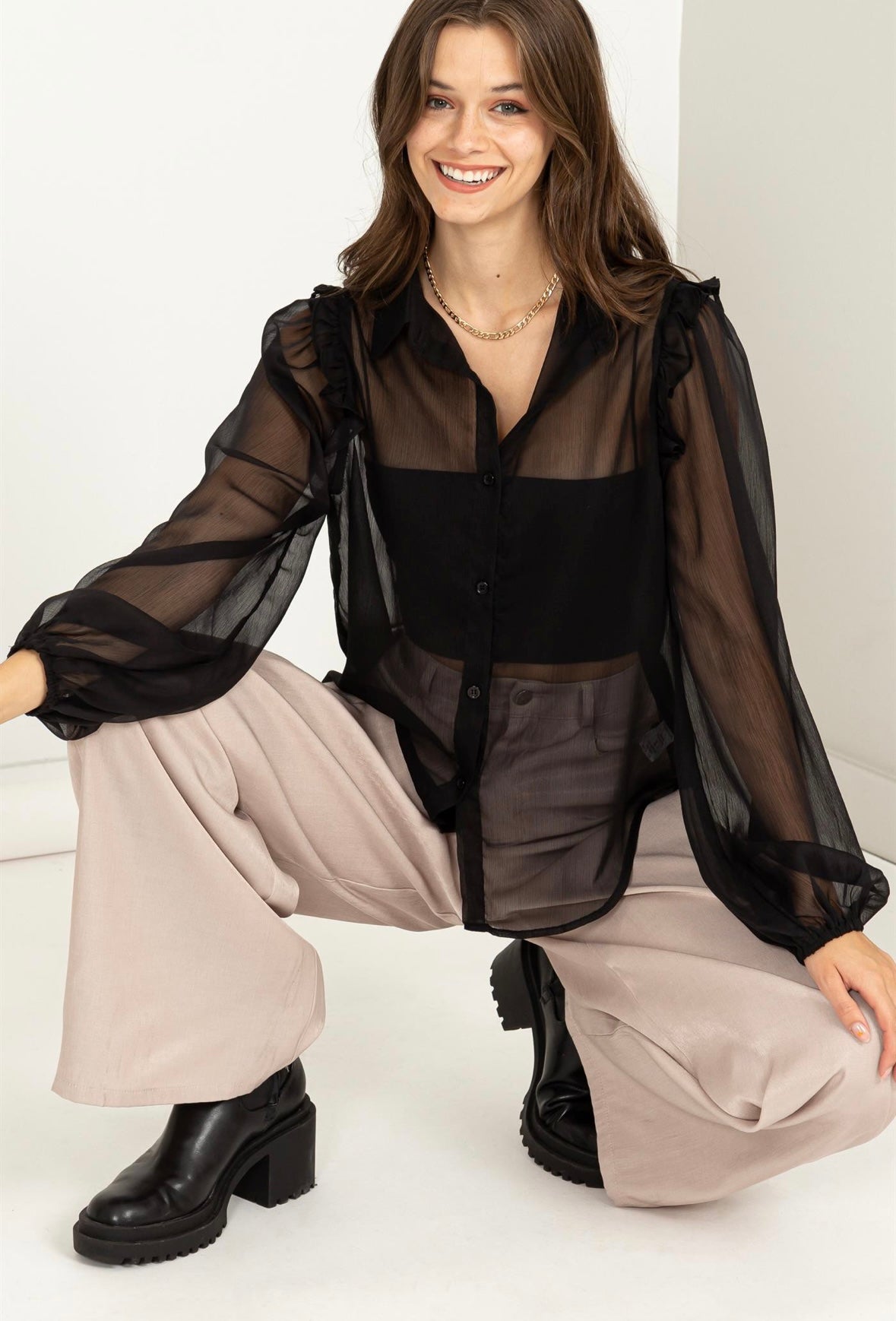 Black Sheer Ruffle Button Down