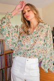 Green Geo Balloon Sleeve Blouse
