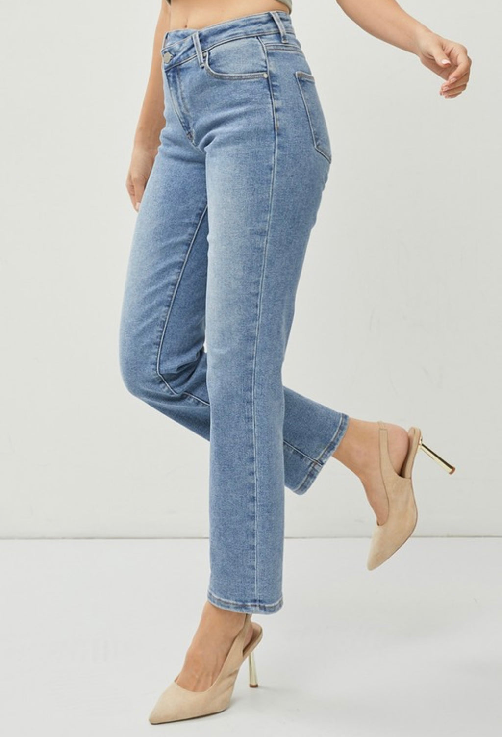 High Rise Crossover Straight Leg Jeans