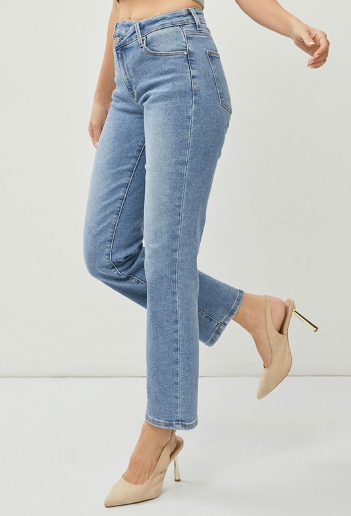 High Rise Crossover Straight Leg Jeans
