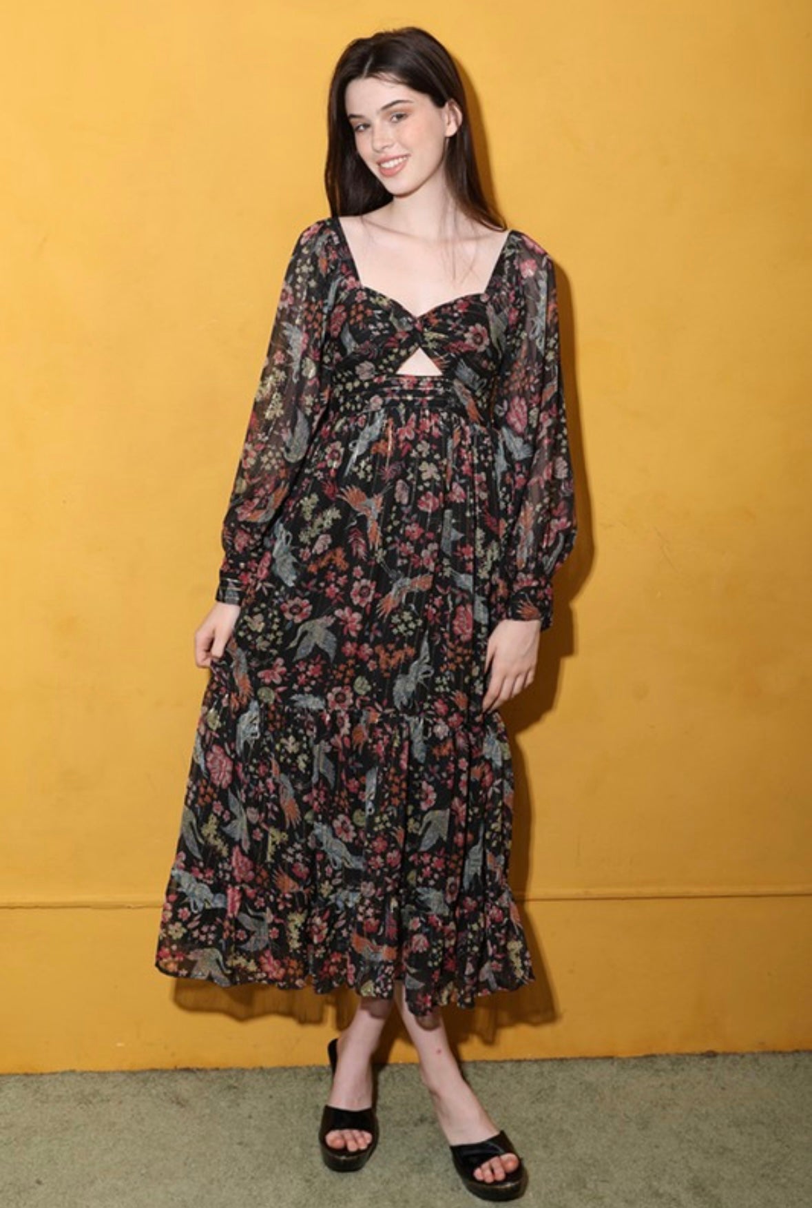 Black Floral Long Sleeve Peekaboo Dress