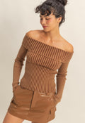 Chestnut Off The Shoulder Ribbed Top