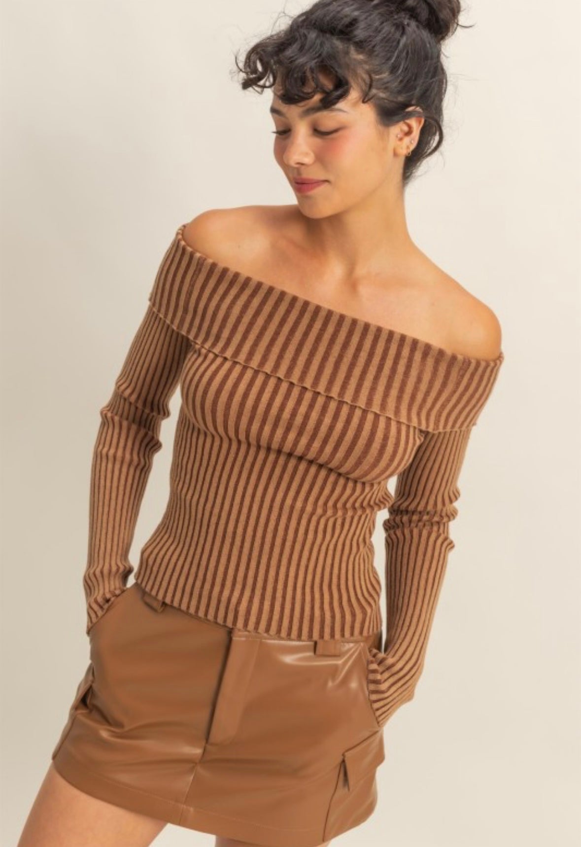 Chestnut Off The Shoulder Ribbed Top