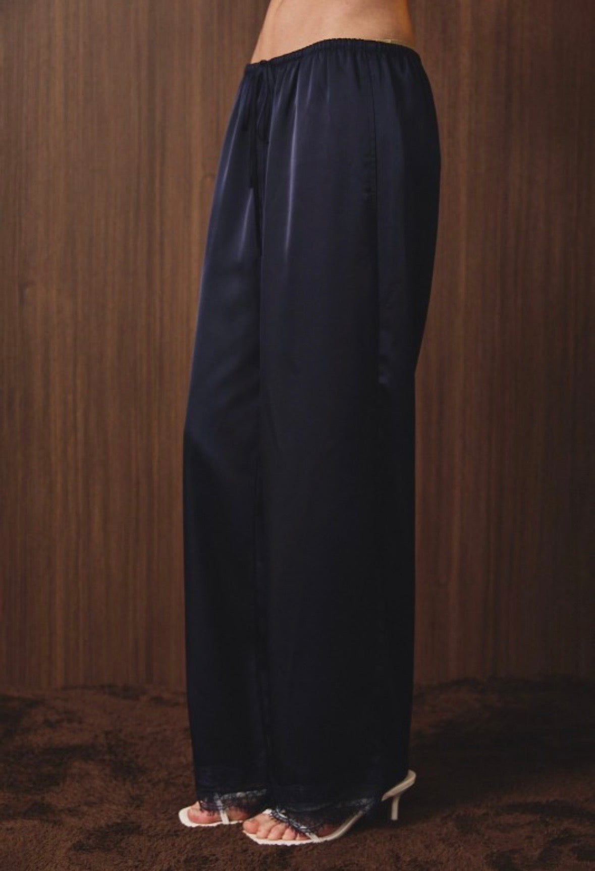 Navy Satin & Lace Wide Leg Pants