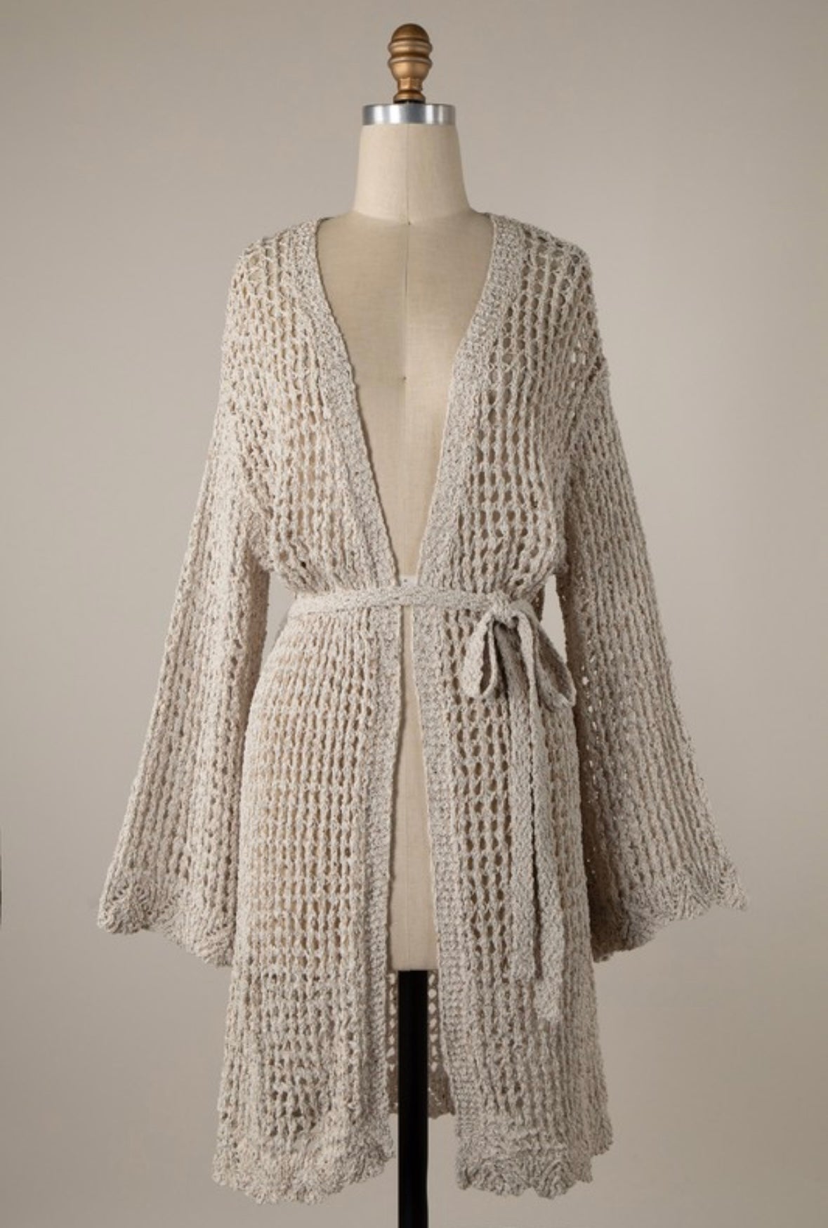 Oatmeal Crochet Belted Cardigan