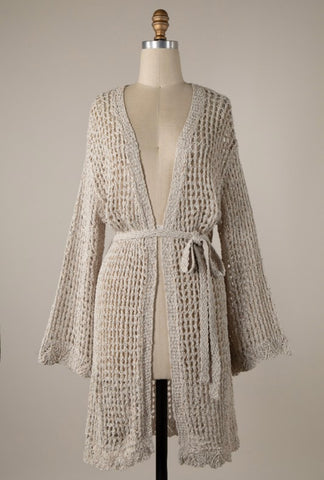 Oatmeal Crochet Belted Cardigan