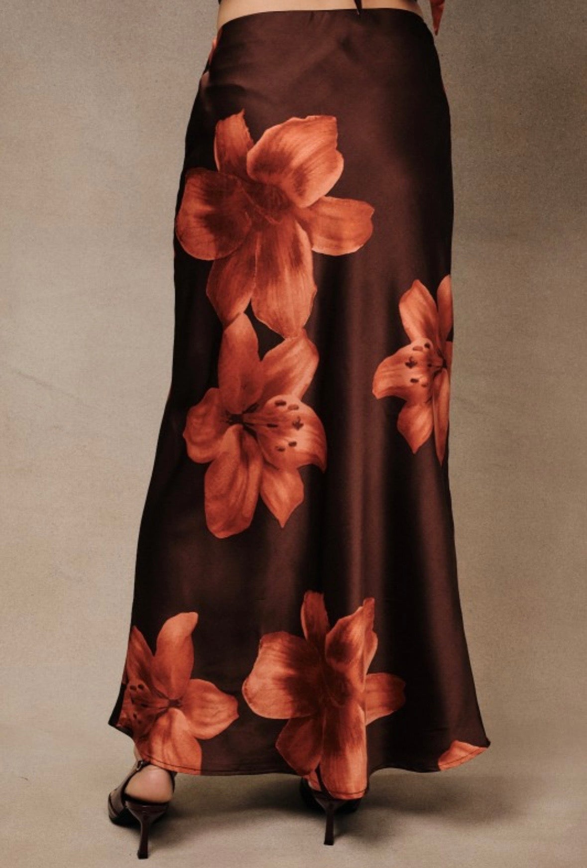 Brown Floral Satin Skirt