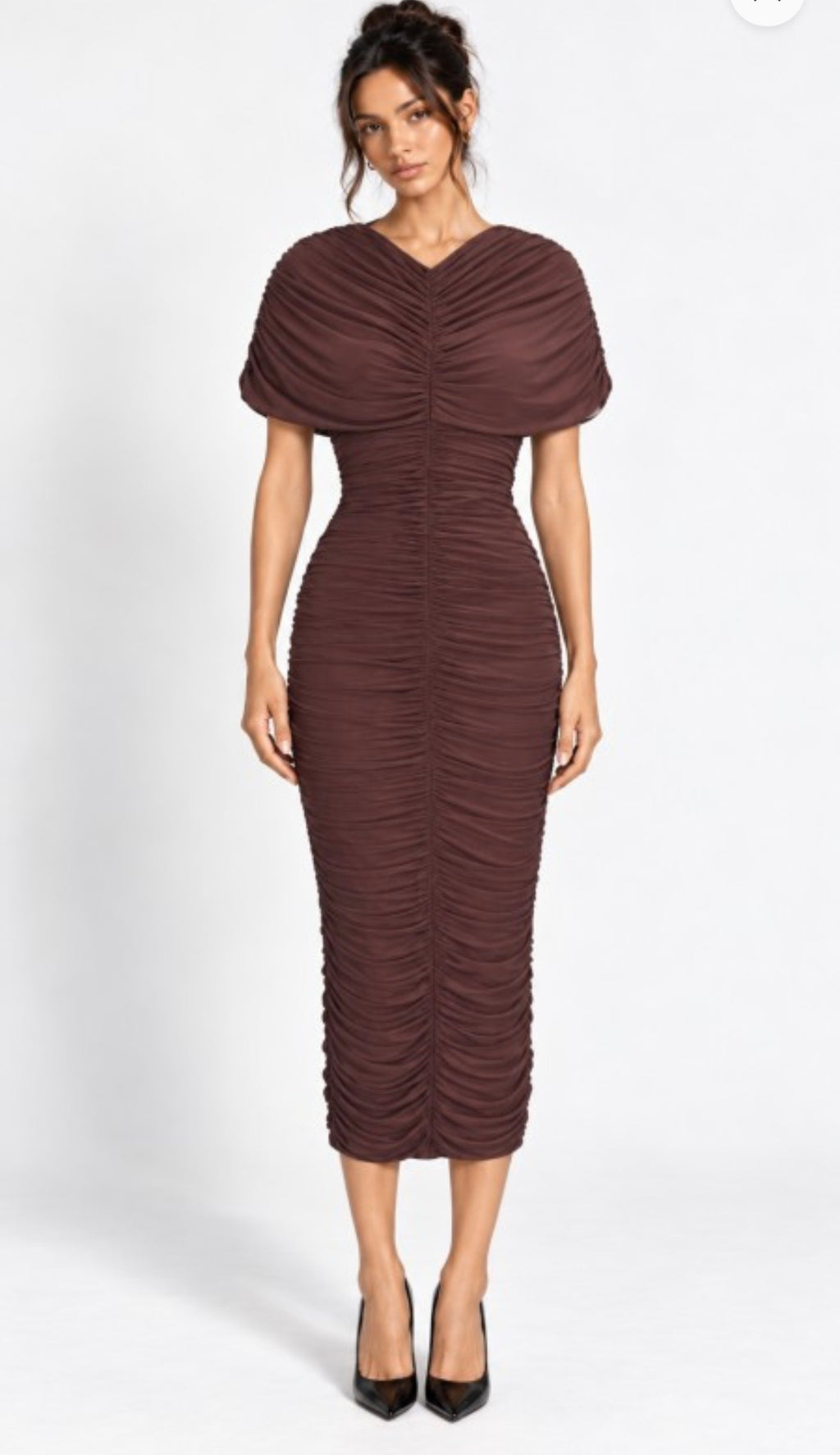 Brown Shirred Cape Dress