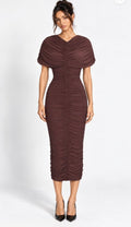 Brown Shirred Cape Dress