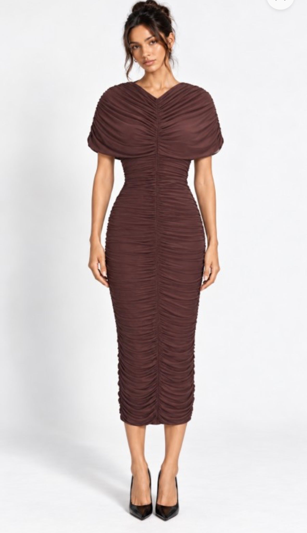 Brown Shirred Cape Dress