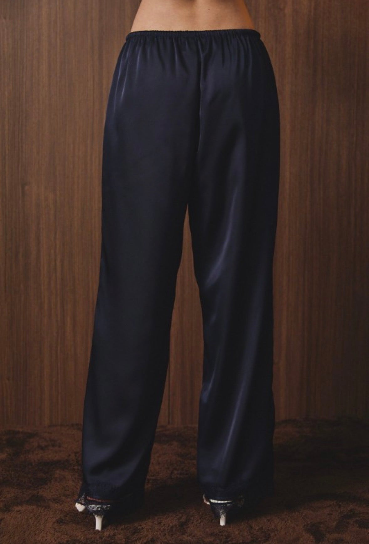 Navy Satin & Lace Wide Leg Pants