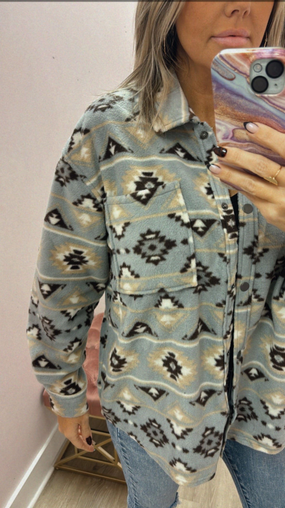 Grey Aztec Fleece Shacket